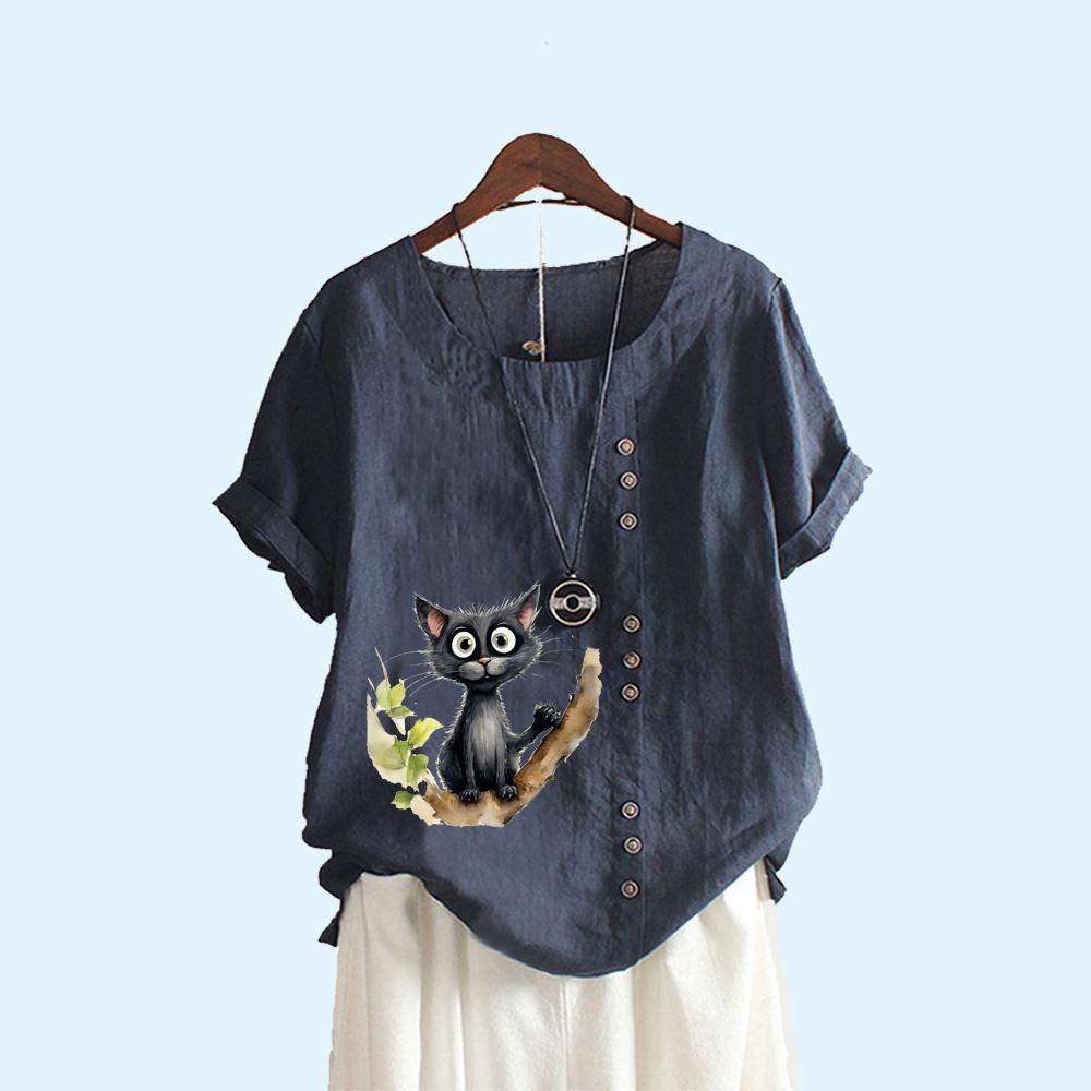 Женская свободная льняная блузка, женская модная летняя повседневная футболка с круглым воротником и принтом кота