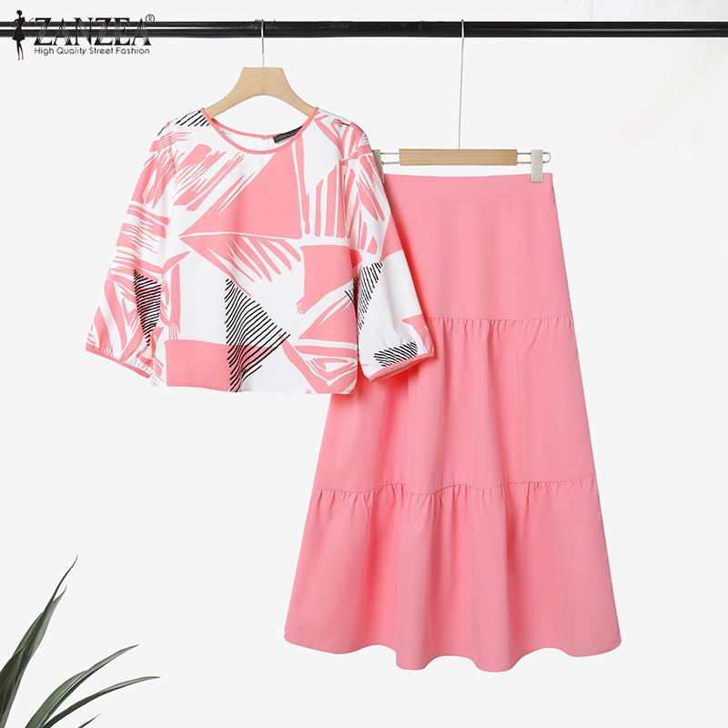 ZANZEA Women Print Blouse and Long Skirts Summer Two Piece Suit Sets