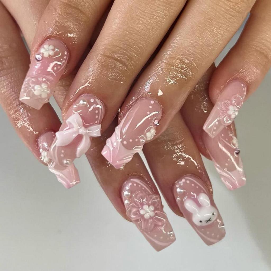 3D цветочные носимые ногти - Милый кролик с бантом, накладной дизайн ногтей.