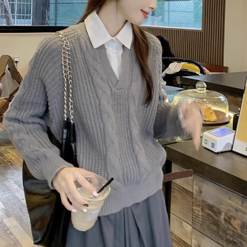 Женский свитер из двух частей в студенческом стиле с перекрученной вязкой — свободный крой, длинные рукава, на осень