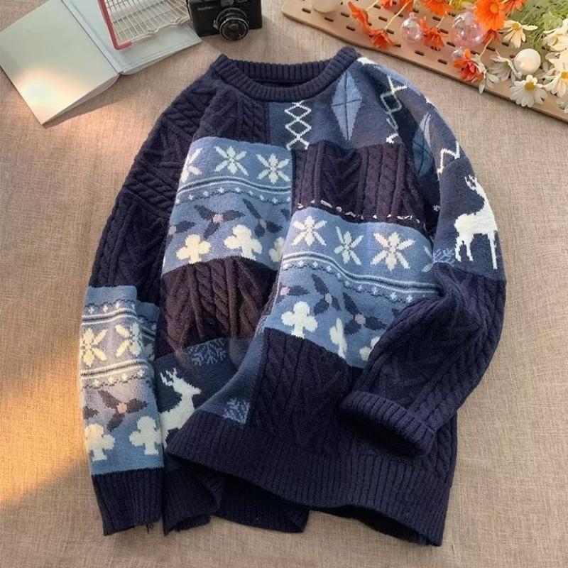 Sweater Men's Winter Thickened Lazy Base Knit Retro Stitched Warm Loose Thread Jacket