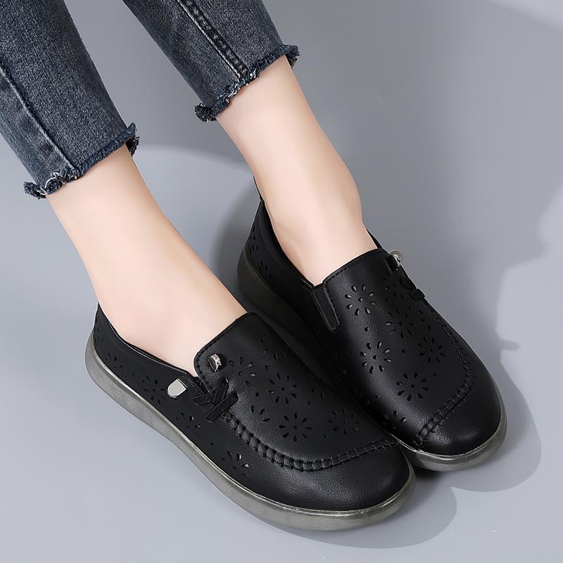 35-41 Women's Large Breathable Fashion Flat Leather Shoes with Hollow Out Shoes White Shoes Lefu Shoes