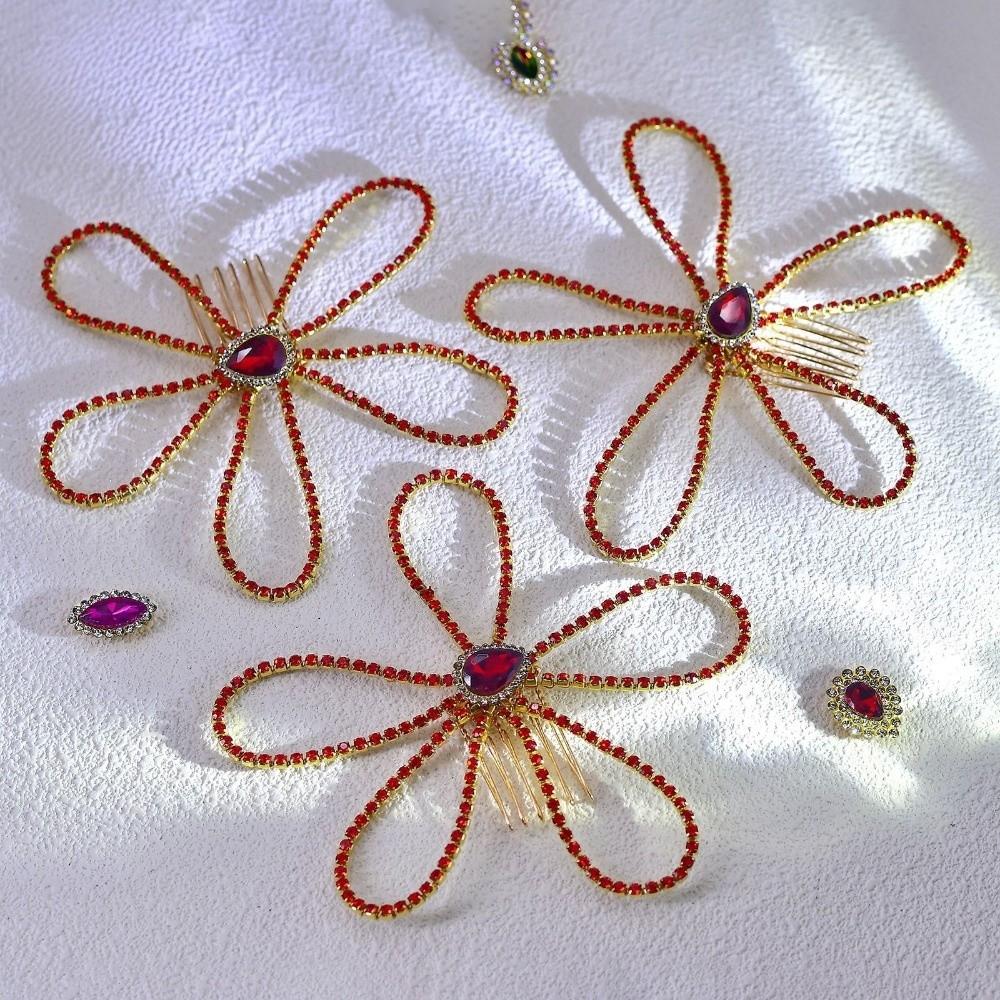 Fairy Rhinestone Hair Accessory Crystal Bridal Wedding Hair Ornament Red Flower Comb Hairpin Girls