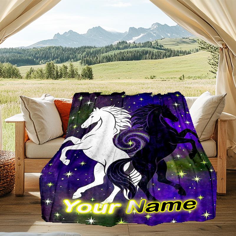 1PC Custom Name Equestrian Dreams Stars flannel blanket versatile,all-season throw suitable for the living room,bedroom,camping,travel,and gift