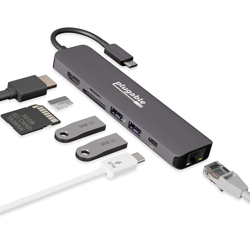Plugable Хаб с Ethernet 2 USB Карта 92 Вт USB-C 7-в-1 USB-C Мультиадаптер (4K HDMI, порты 3.0, устройство для чтения SD/microSD, зарядка)