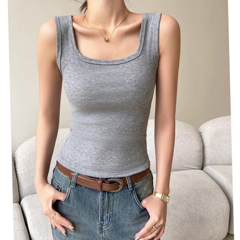 Женский укороченный топ в рубчик с квадратным вырезом, больших размеров - Весна/Лето, без рукавов, майка-камисоль