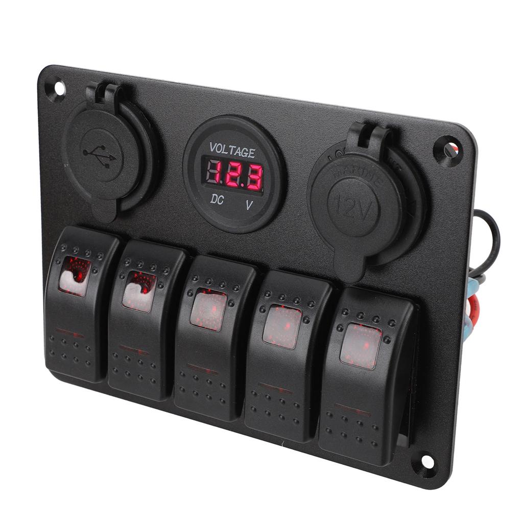 Switch Panel DC 12 to 24V 5 Gang Aluminum Alloy IP65 Water Resistant Prewired Rocker Switch Panel with Dual USB Cigar