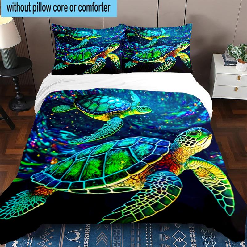 Cartoon Sea Turtle Artwork 3pcs Bedding,Including 1pc Duvet Cover And 2pcs Pillowcases Perfect for Christmas,Ideal for Bedroom, Dormitory