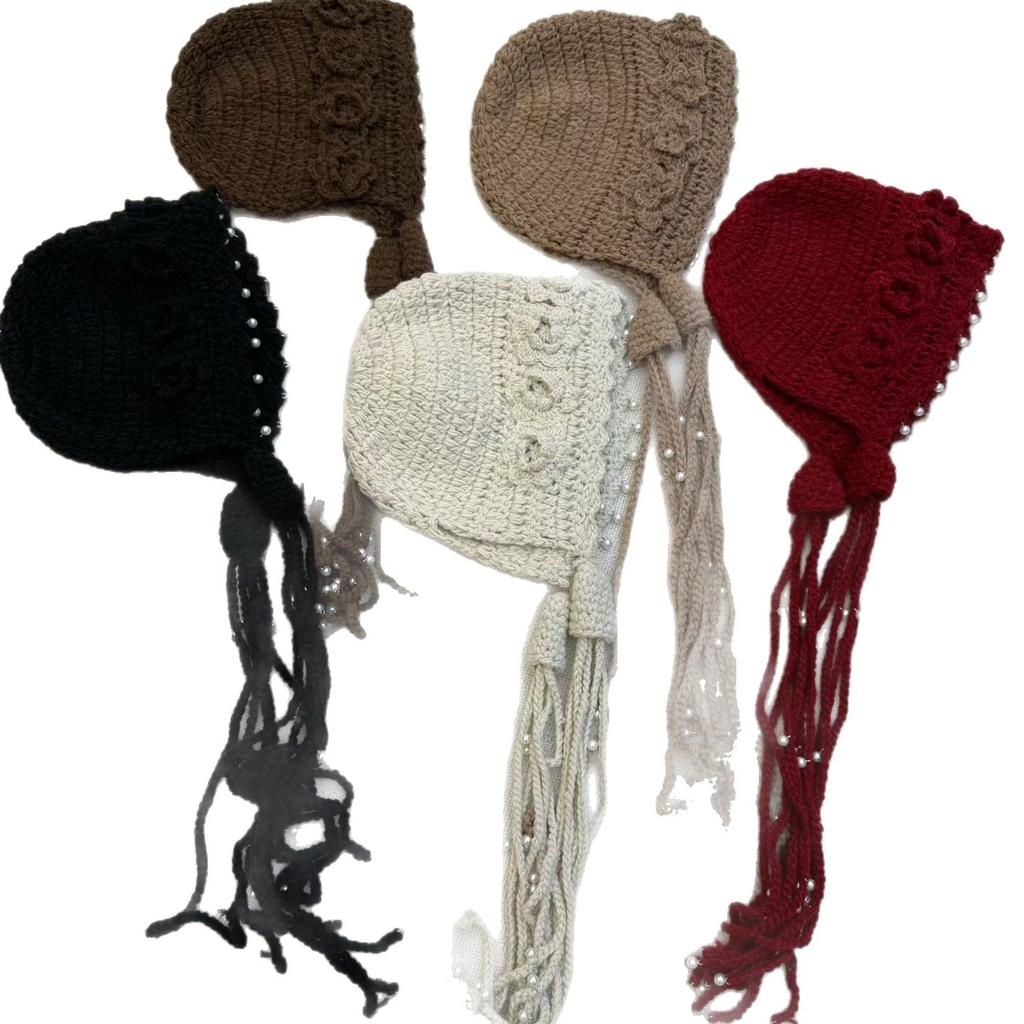 Pearl tassel three-dimensional flower knitted wool hat women's spring hand-woven ethnic style light pullover hat tide