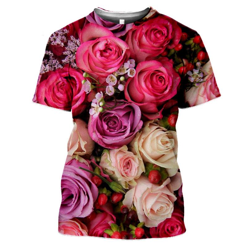 Summer Round Neck 3D Flower Pattern Printed Top Fashionable Casual Short Sleeved Women's T-shirts