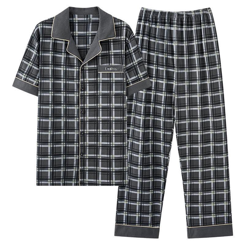 Мужской пижамный комплект из 100% хлопка в клетку с короткими рукавами и кардиганом