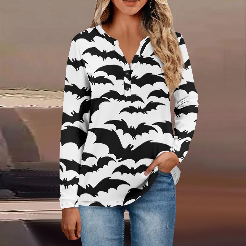 Women's Button Neck Tops Women's Casual Everyday Tops Long Sleeve V Neck Fashion Print Shirt Tops Pocket Tee Sweatshirts