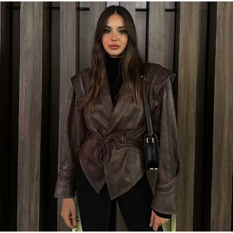 Womens Winter Streetwear Vintage PU Leather Jacket Slim Fit With Belt Detail