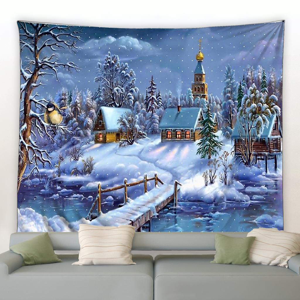 Home Decor Art Wall Hanging Dorm Bedroom Living Room Christmas Tapestry Santa Christmas Tree Ball Gift Fireplace Decoration