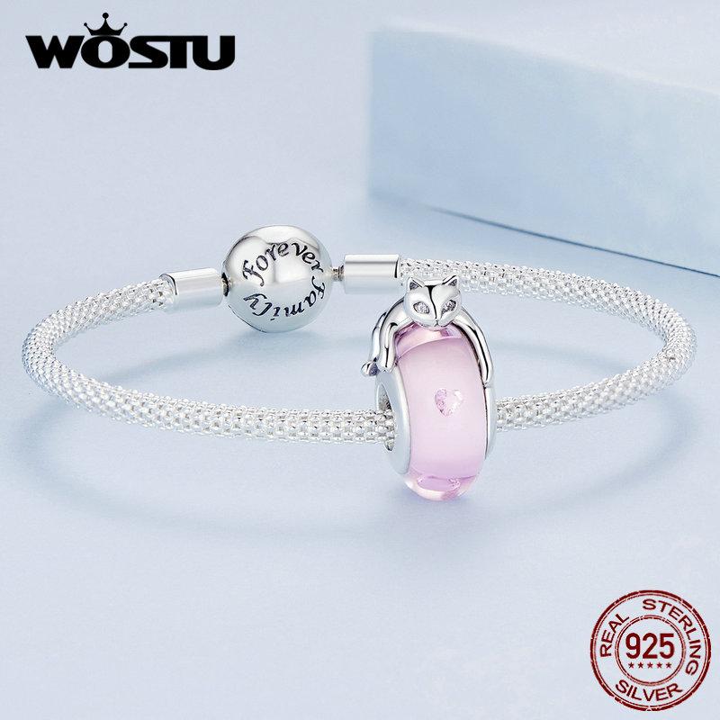 WOSTU 925 Sterling Silver Pink Murano Glass Beads Lovely Cat Pet Charms Fit Original Bracelet DIY Necklace Women Jewelry Making