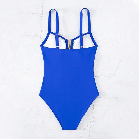Women One-Piece Swimsuit Deep V-Neck Pleated Solid Color Monokini Quick-Drying Swimwear Beachwear