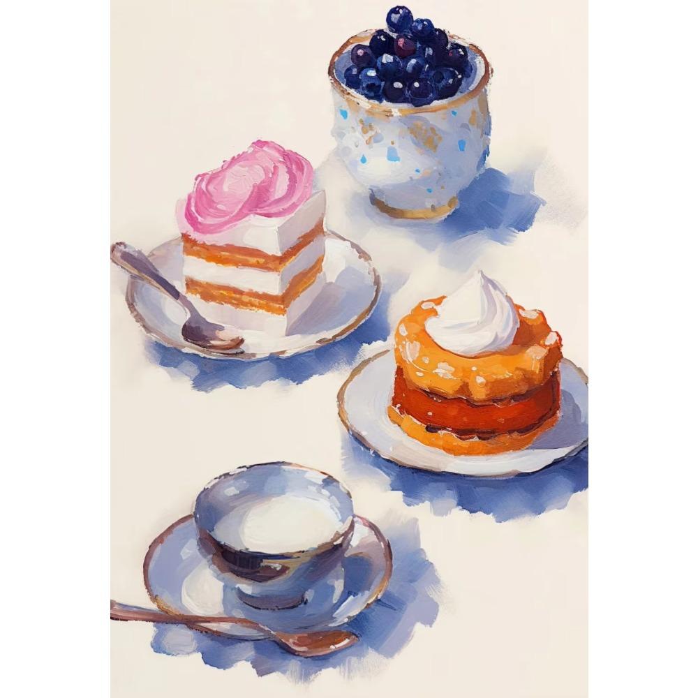 Cream Fruit Cake Watercolor French Pastry Illustration Poster Canvas Wall Art Print Picture Colorful Kitchen Home De