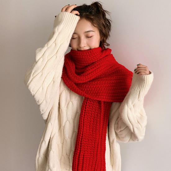Women Scarf Knitted Solid Color Plain Thickened Soft Keep Warm Comfortable Autumn Winter Adults Long Scarf Shawl for Outdoor