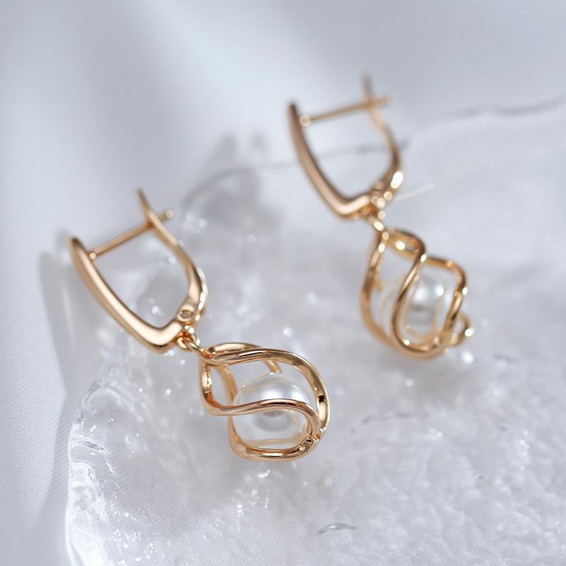 Minimalist Hollow Spiral Pearl Dangle Earrings Rose Gold Color Women Jewelry
