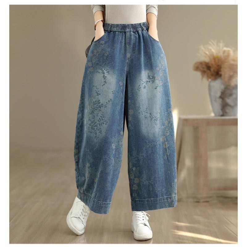 DIMANAF 2025 Большой размер Осенние джинсы Новые длинные брюки Цветочный принт Женские свободные джинсовые брюки Большой размер Повседневные
