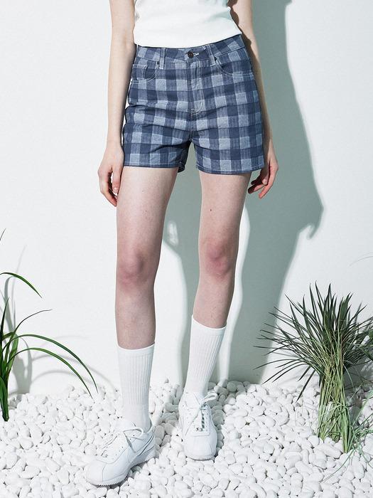 MAGOODGAN MINIT 7933 Apron Check Indigo Shorts Hot Pants