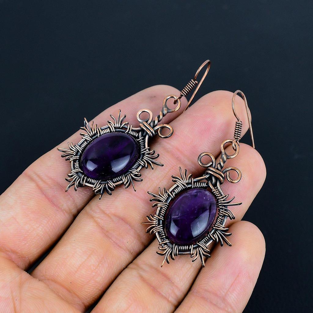 Amethyst Earrings, 999 Copper Wire Wrapped Gemstone Jewelry, Handmade Earrings Amazing Jewelry, Gift For Her