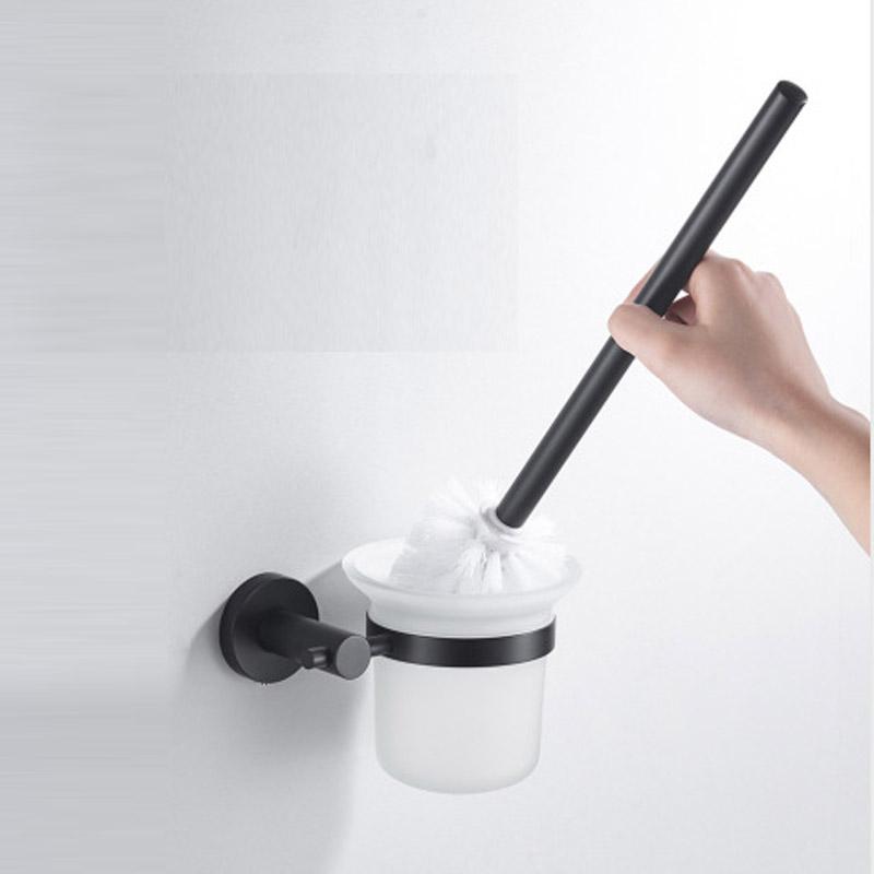 Black Toilet Brush Holder Set Wood Aluminum Wall Mounted Antique Lavatory Bathroom Durable Glass Cup WC Brush Rack Shelf Kit