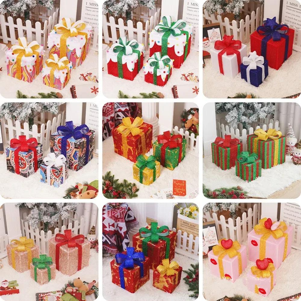 3Pcs Christmas Glowing Decoration Lighted Gift Boxes Set Xmas Lighting Box Party Home Scene Layout