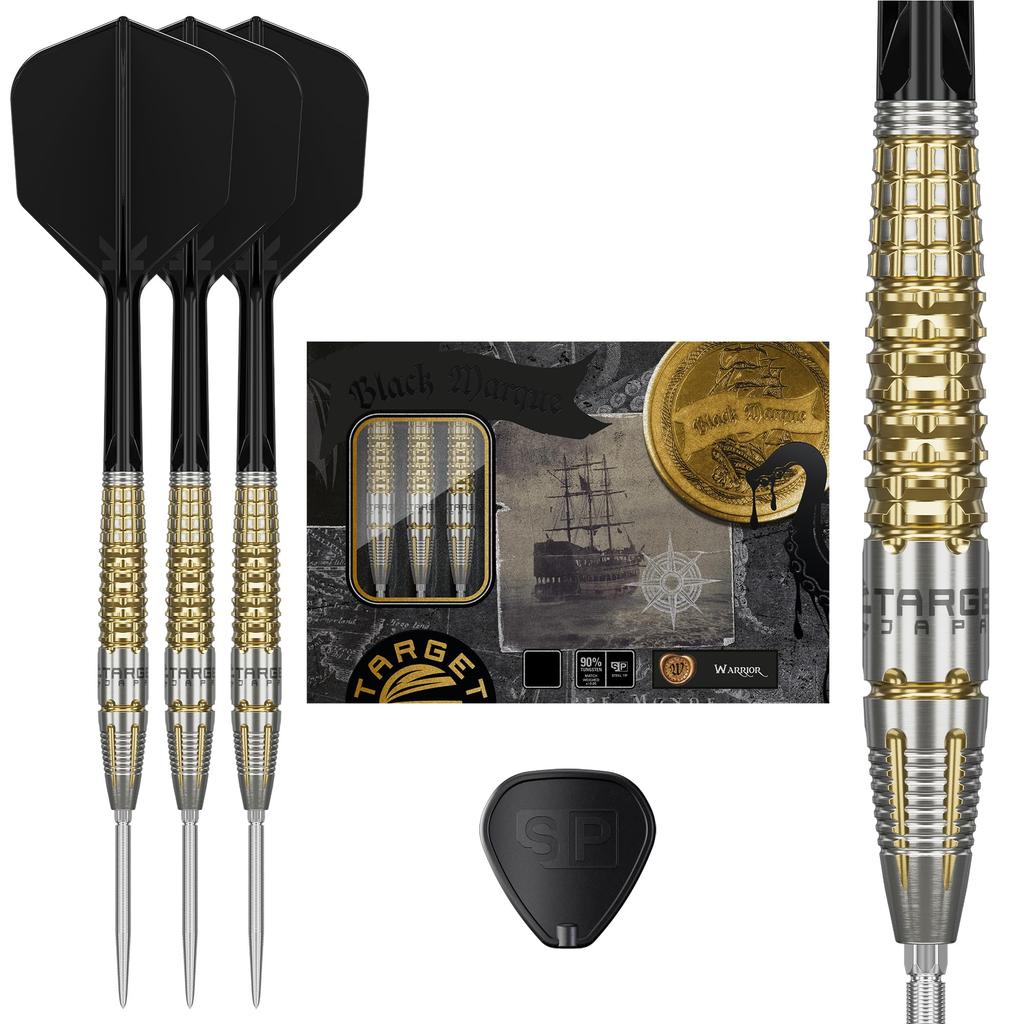 Target Japan BLACK MARQUEWARRIOR Lee Tae Kyung 90% Tungsten Steel Tip Darts Set, 25g, K-Flex No. 6 Shape Flights and Shafts, SWISS SILVER NAN