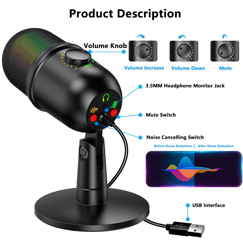 USB Микрофон Студийный Профессиональный Конденсаторный Микрофон для ПК Компьютер Запись Стриминг Игры Караоке Пение Микрофон