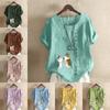 Women's Fashion Round Neck Short Sleeve T-shirt Casual Cotton Linen Graphic Shirt Leisure Loose Tailored Cat Prined Summer Blouse Tops