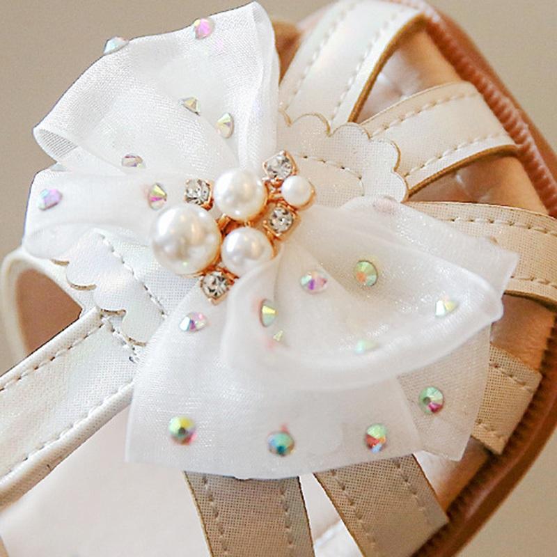 Летние детские удобные модные уличные пляжные туфли в пасторальном стиле с жемчужной сеткой и бантом, с мягкой подошвой, летние сандалии