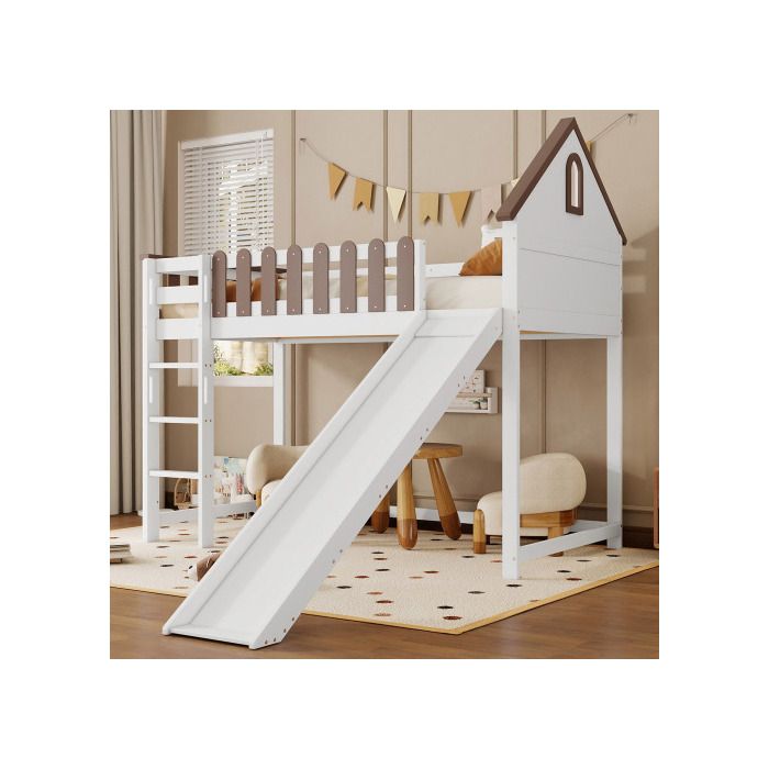 Кровать-чердак - MUVOE - 90x200 см - Белый + Орех - Прямая лестница - Горка