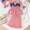Hot Selling Patriotic Infant Girls Clothing Set Star Bow Fly Sleeve Top Plaid Shorts 2 Piece Outfit With Heart Embroidery For 0 3 Years Old Daily Wear
