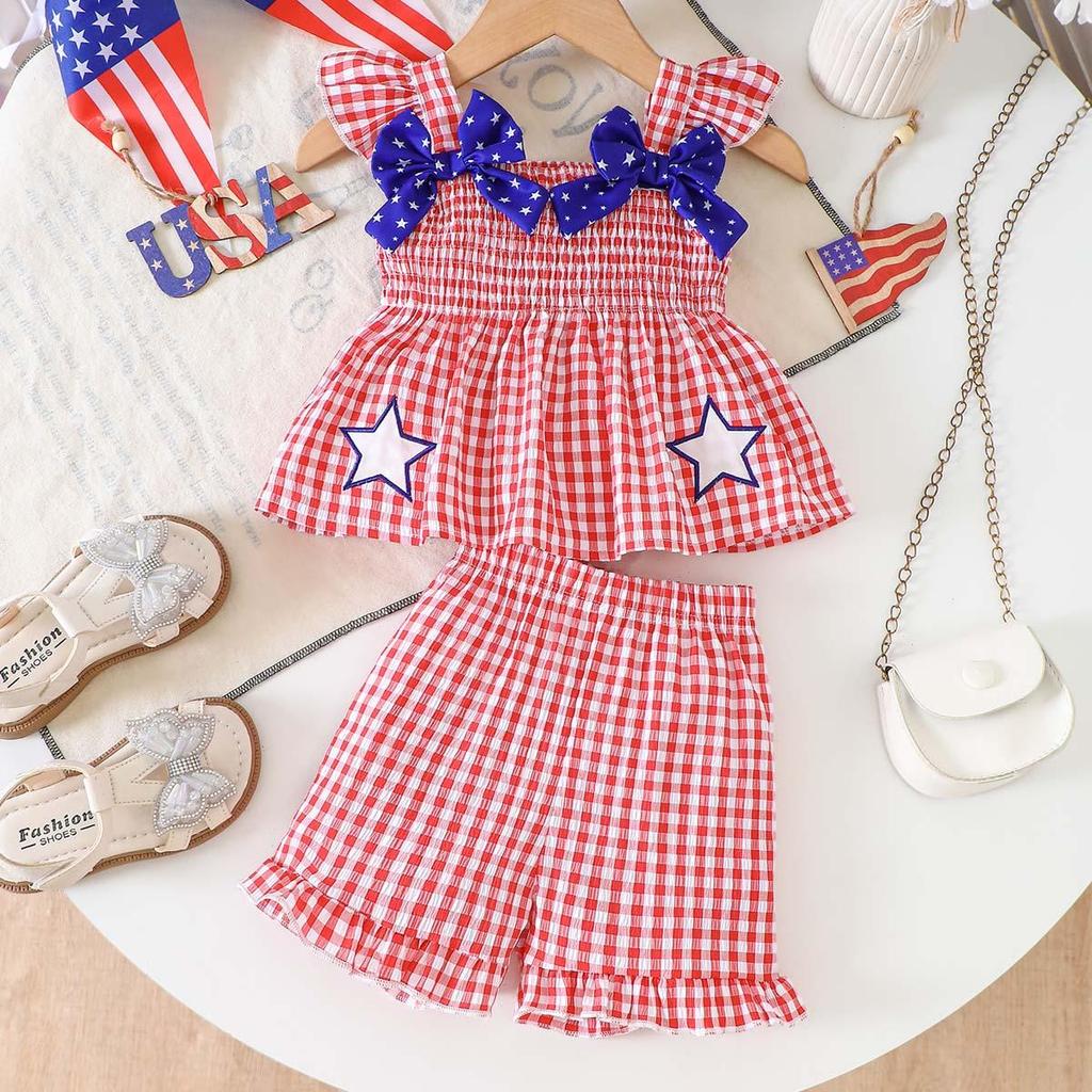 Hot Selling Patriotic Infant Girls Clothing Set Star Bow Fly Sleeve Top Plaid Shorts 2 Piece Outfit With Heart Embroidery For 0 3 Years Old Daily Wear
