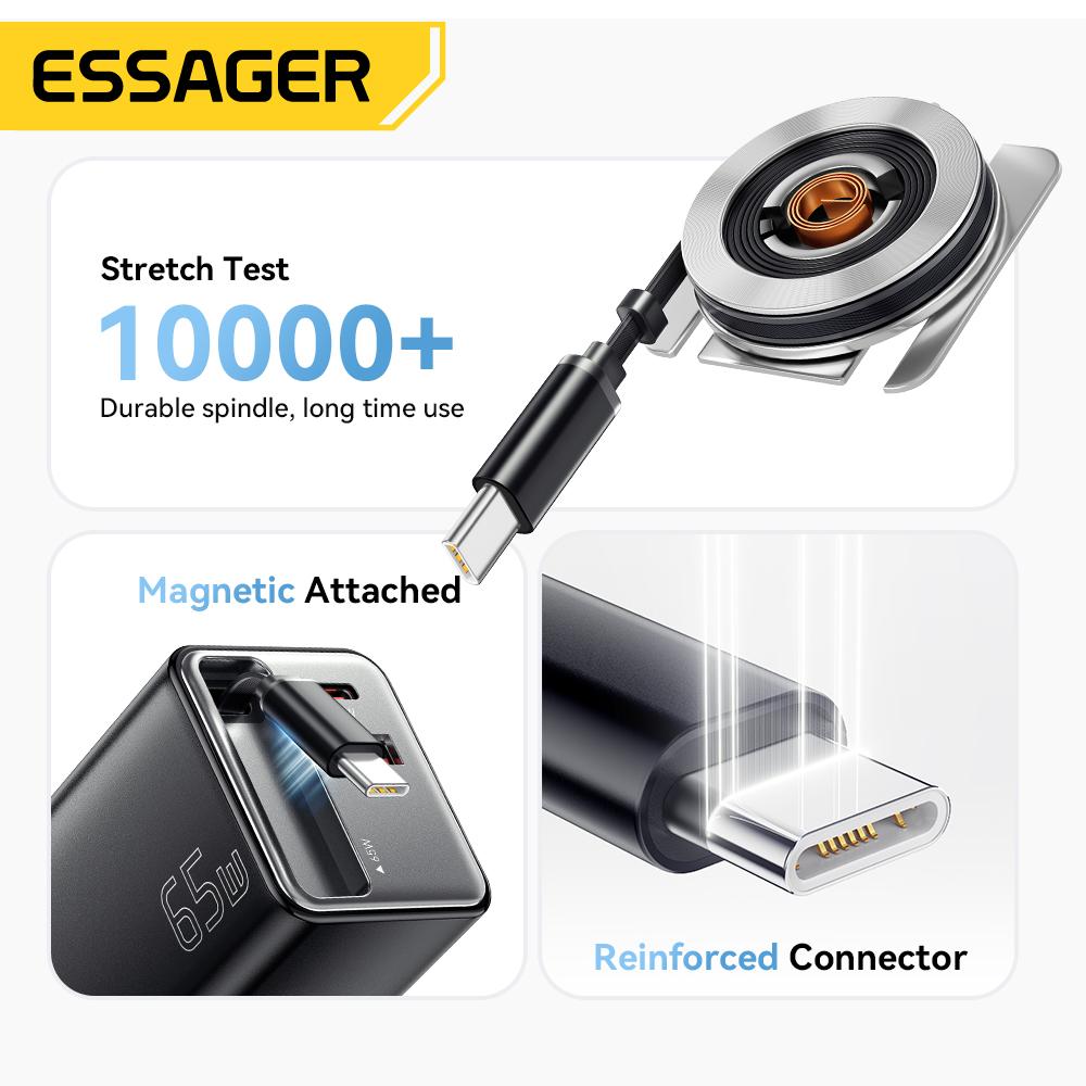 Зарядное устройство Essager 65W GaN с выдвижным кабелем PD Быстрая зарядка для ноутбука Macbook iPhone 16 15 14 Xiaomi Зарядное устройство для телефона Type-C