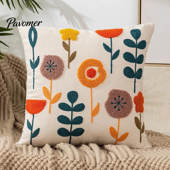 Embroidered Cushion Cases for Sofa Farmhouse Floral Cover, 3D Flower Embroidery Throw Pillow Decorative Square Bedroom Case Living Room Couch Bedroom,