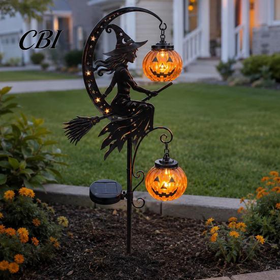 Outdoor Spooky Landscape Lighting Halloween Solar Garden Stake Light, Witch Pumpkin Moon Lantern, Decorative Path Lights IP44 Waterproof Metal