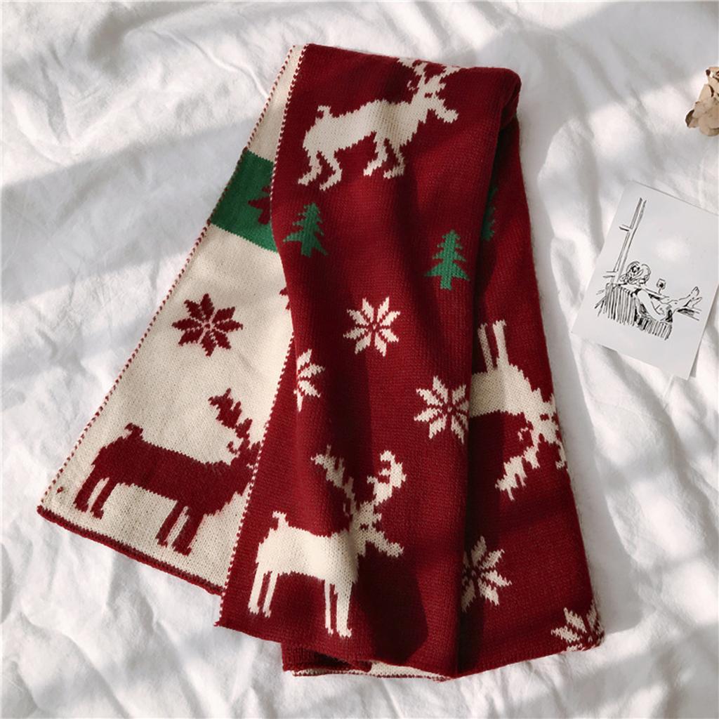 Christmas Red Knitted Cotton Shawls Scarf Woman Winter Warmer Scarves Deer Elk Printed Wrap Female Muffler Gift Scarf  Shawls