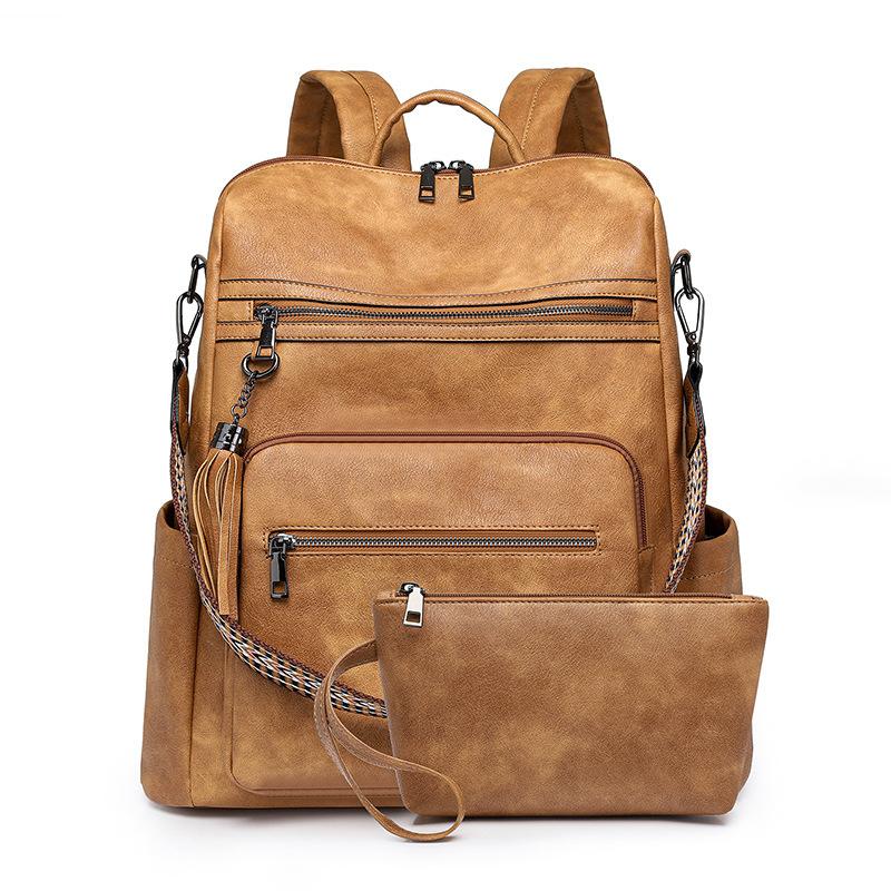 Vintage PU Leather Women Backpack Suit Commuter Daypack Clutch Bag 2pcs Set Student Book Bag Laptop Bag Fashion Travel Rucksack