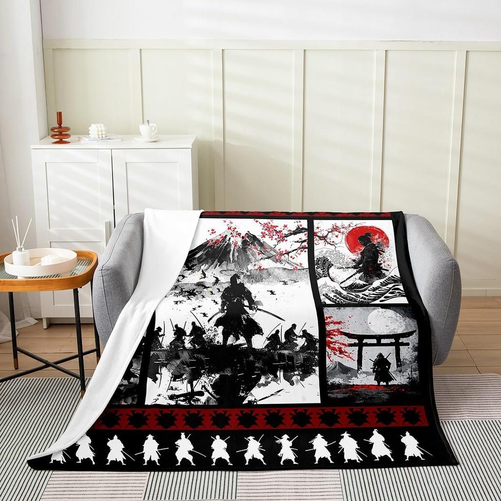 Feelyou Koi Fish Fleece Throw Blanket x Japanese Wave Cherry Blossoms Ocean Plaid Flannel Plush Fuzzy for Bed Couch Chair Living