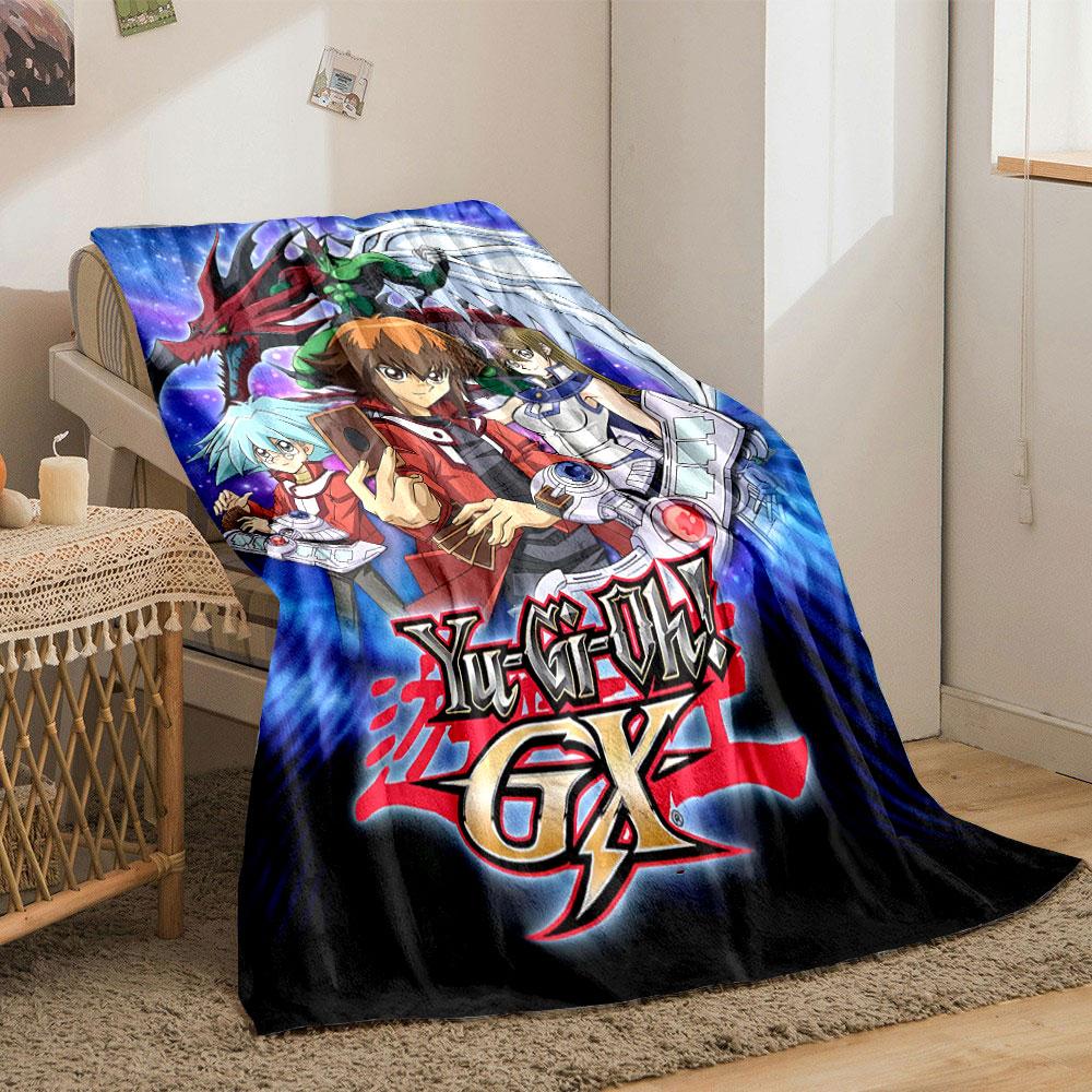 Anime characters posing with cards, duel disks, and dragon-like creatures. for all seasons blanket lunch break throw gift