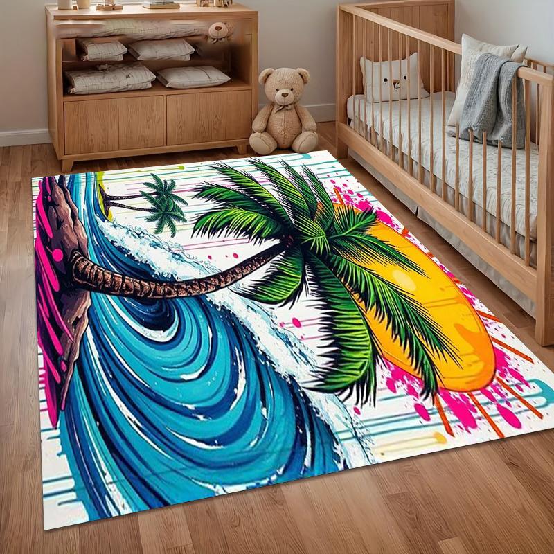 Soft Non-Slip Bold Tropical Beach Area Rug with Vibrant Palm Tree and Wave Design for Nursery Bedroom Living Room Decor