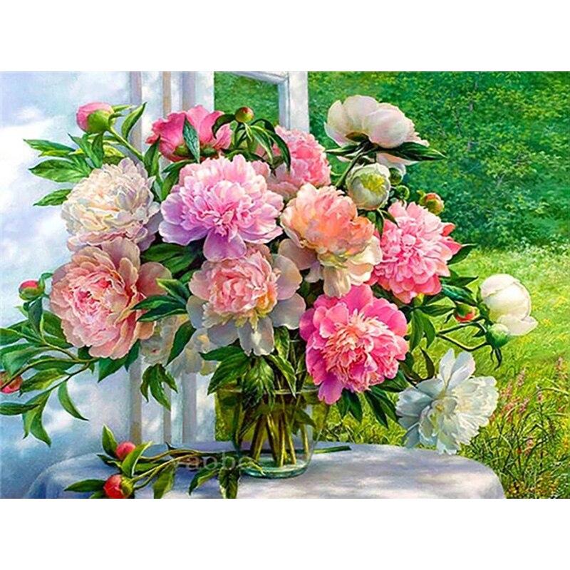 5D DIY Алмазная картина Ваза Алмазная вышивка Цветочный пейзаж Вышивка крестиком Полный круглый дрель Домашний декор Ручной художественный подарок