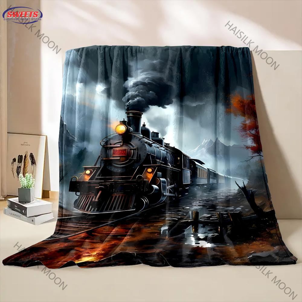 3D Vintage Train Print Flannel Queen Blanket - Soft Cozy Blanket for Couch, Sofa, or Bed, Office Travel Camping Holiday Gifts