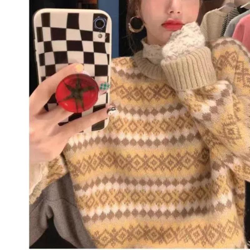 Japanese Diamond Grid Sweater Women's 2024 Spring and Autumn New Splicing O-Neck Fashion Loose Casual Long Sleeved Knitted Top