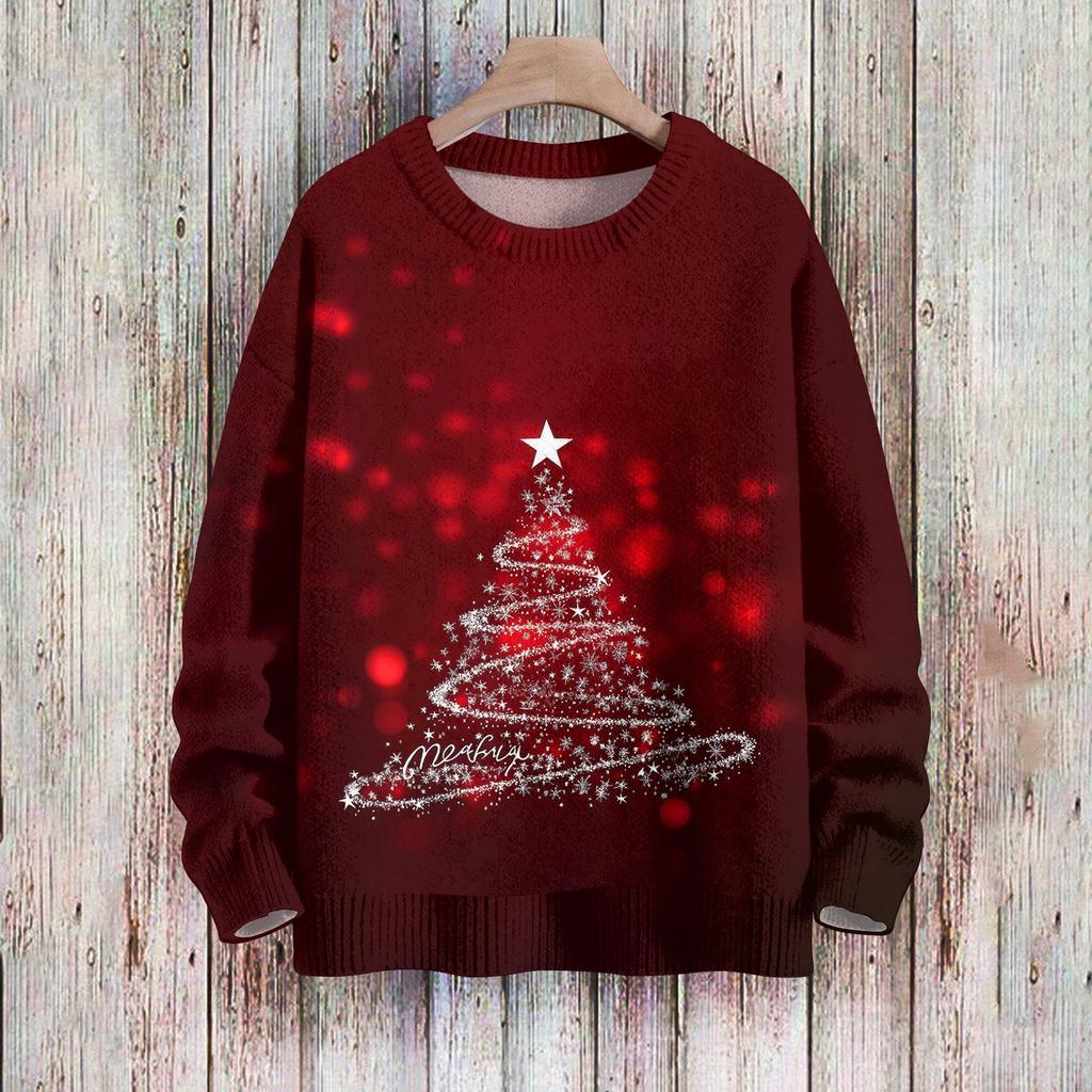 Рождественские толстовки для женщин Вязаный свитер Милая рубашка Осенний свитер с круглым вырезом Топы
