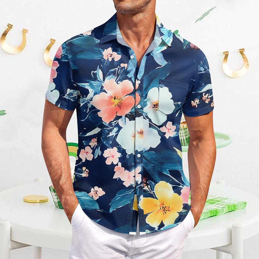 Мужская повседневная рубашка с короткими рукавами, облегающая, стильная, с гавайским принтом
