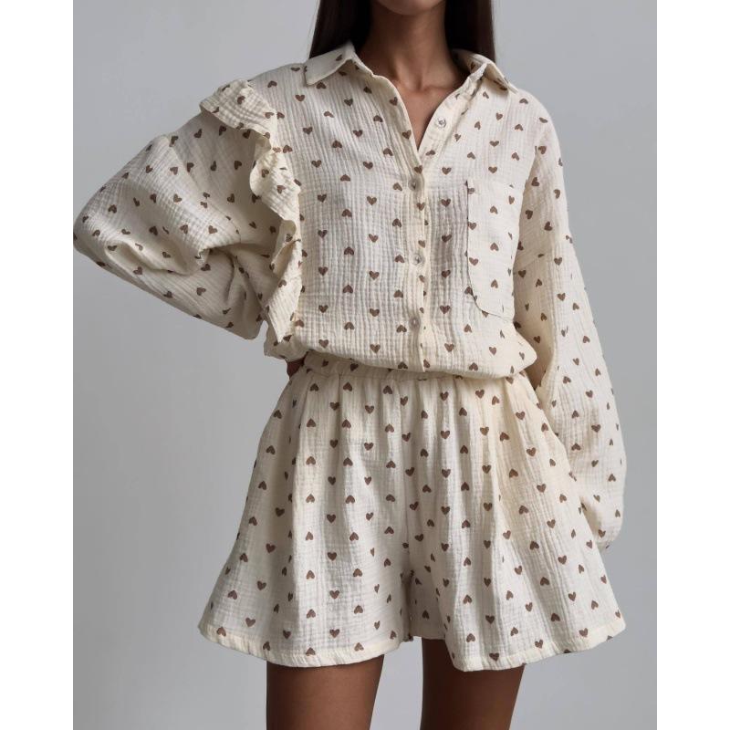 Летняя повседневная домашняя одежда с принтом в форме сердца, топы с длинными рукавами, шорты, костюм, женская свободная рубашка с лацканами, женская хлопковая пижама