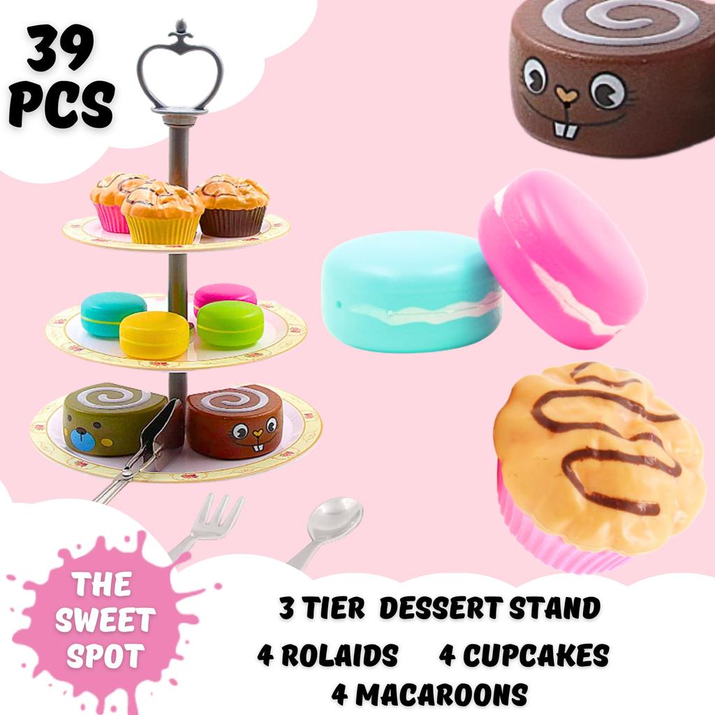 Kids Play Food Set, 3-Tier Dessert Stand Cupcakes Macarons, 44PCS Assorted Colors, Afternoon Tea Role Play Toy